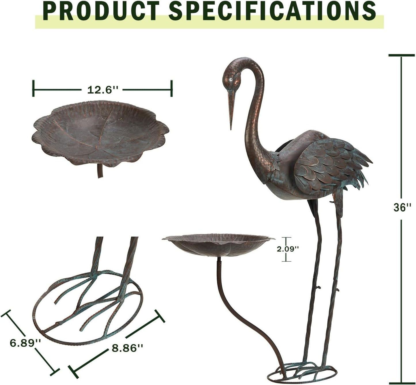 36’’H Crane Bird Bath, Metal Bird Baths for Outdoor, Birdbath for Outside Bird Feeder, Heron Garden Statues Decor