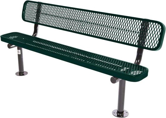 Heavy-Duty Outdoor Bench Thermoplastic Coated, Expanded Metal, Commercial-Grade Seating, Made in America (Surface with Back, 6 Ft, Textured Dark Green)