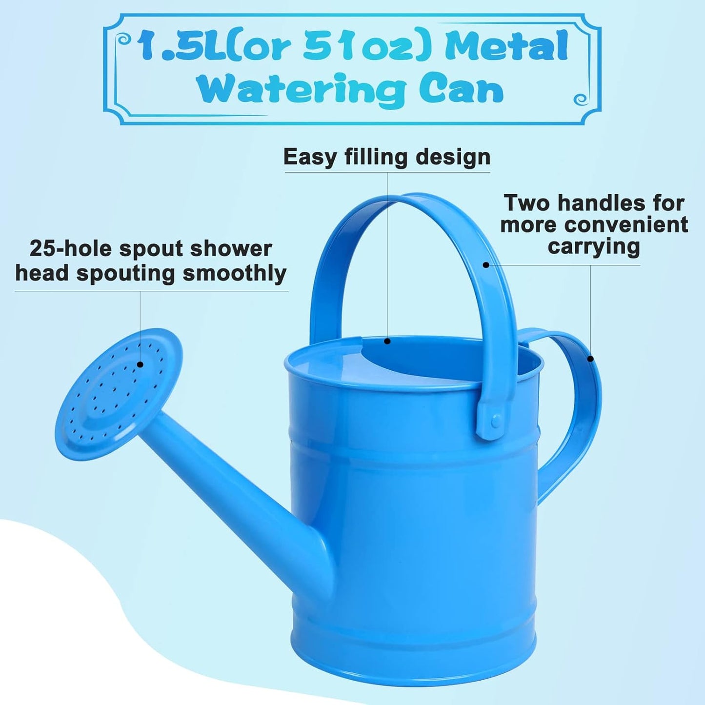Finderomend Metal Watering Can 1.5L/51oz, Iron Art for Kids, Outdoor Plants Home Office Small Portable Indoor Watering Equipment (Blue)