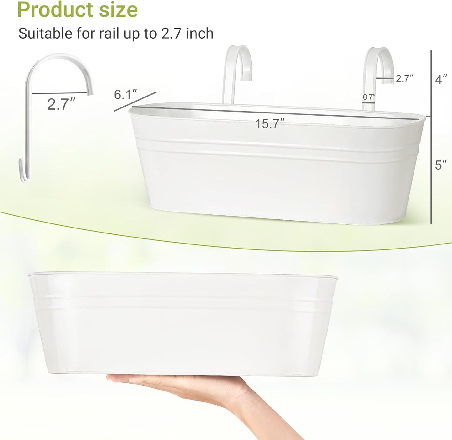 Dahey 4 Pcs Metal Iron Hanging Flower Pots for Railing Fence 15.7 Inch Hanging Bucket Pots Countryside Style Window Flower Plant Holder with Detachable Hooks for Garden Yard Home Decor, White