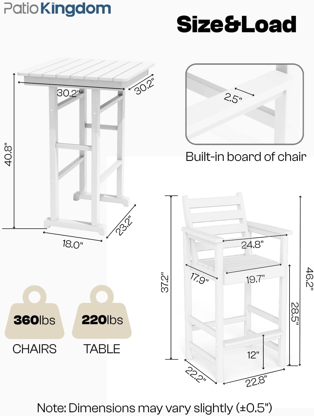 3-Piece Outdoor Bar Set with Beige 9FT Patio Umbrella, HDPE Tall Balcony Adirondack Chairs and Table, All-Weather Outdoor Bar Stools for Patio (White)