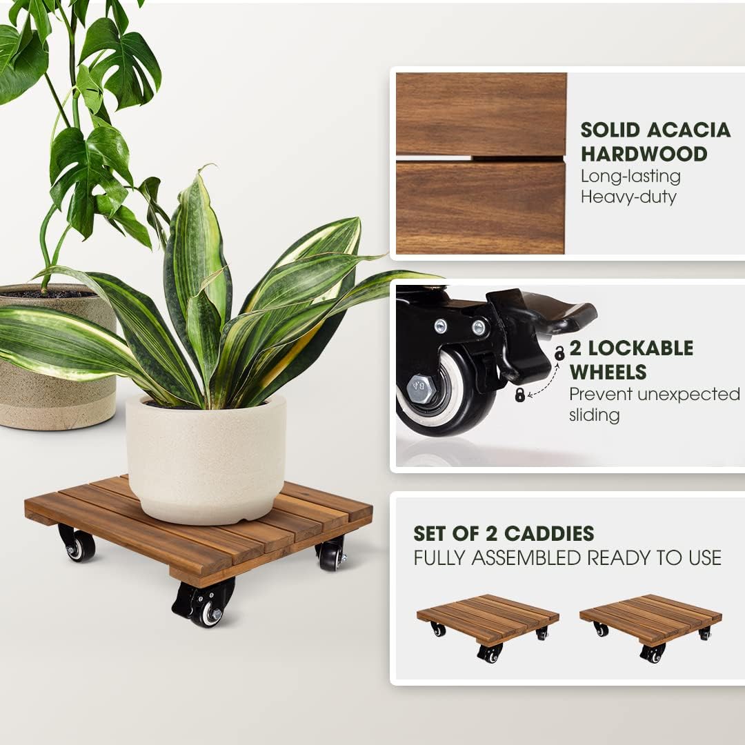2pack Wood Plant Caddy With Wheels Heavy Duty, 264 Lbs Capacity, 12 Inch Acacia Hardwood Plant Dolly, Plant Stand with 360° Lockable Wheels for Plant Pots, Heavy Objects Hauling - Natural Wood