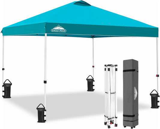 EAGLE PEAK Pop Up Canopy Tent with Wheeled Carry Bag, 8 Stakes, 4 Ropes, 4 Weight Bags, Easy Set Up Tent Canopy, 10x10 ft, 100sqft of Shade, Turquoise