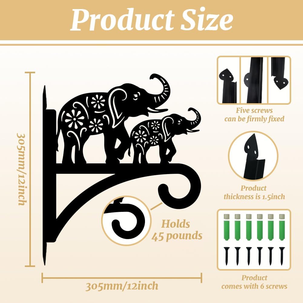 peacoblue Iron Plant Hangers Holder for Outdoor Indoor Hanging Plants Flower Fern Pots Lantern Bird Feeder Wind Chimes, 12”x14” Weather Resistant Metal Wall Hooks for Porch Garden Farmhouse(Elephant)