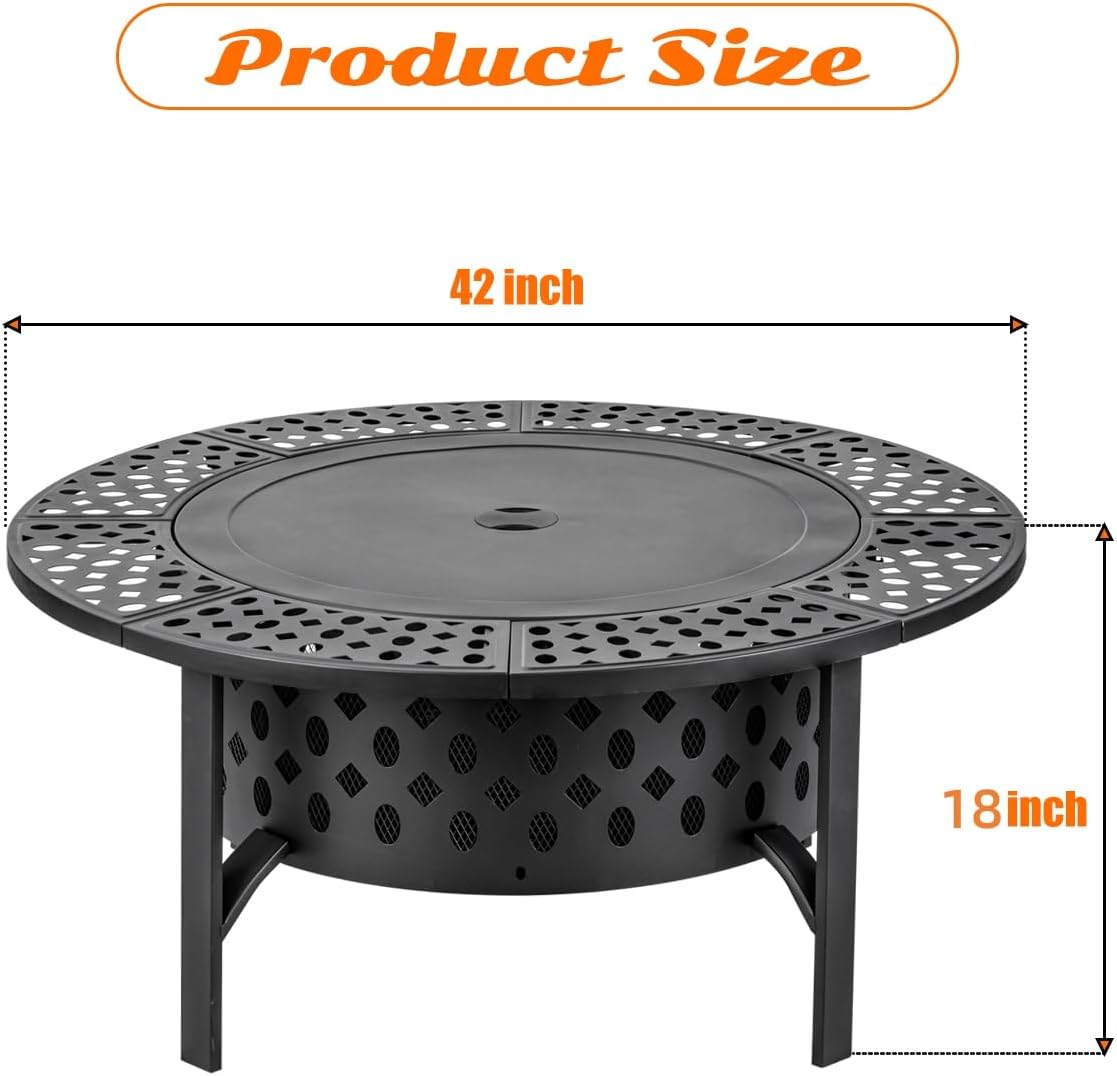 42 Inch Fire Pit with 2 Grills, Extra Large Wood Burning Fire Pits for Outside with Lid & Poker, Heavy Duty Firepit,BBQ& Outdoor Firepit & Round Metal Table 3 in 1 for Patio, Picnic, Party