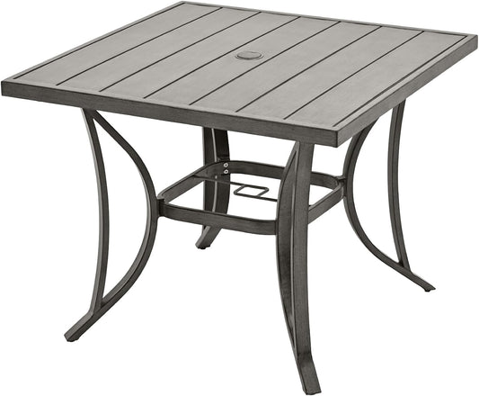 HAPPATIO Square Outdoor Dining Table - Patio Aluminum Slat Dining Table with 2.2" Umbrella Hole, 4 Person Dining Table for Garden, Backyard and Poolside