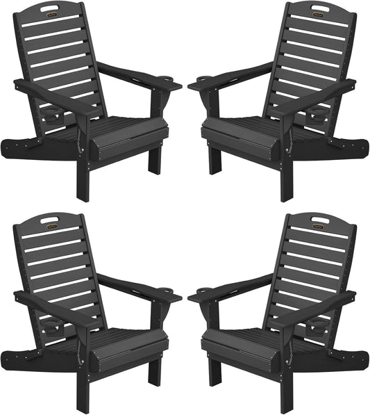 Adirondack Chairs Set of 4, Outdoor Fire Pit Chairs, HDPE All-Weather Adirondack Chairs with Cup Holder, Lawn Chair for Deck, Patio, Garden (Black)