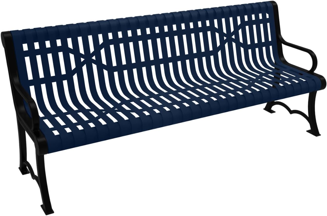 Heavy-Duty Outdoor Bench Thermoplastic Coated, Slated Steel, Commercial-Grade Garden Bench, Made in America (Portable with Back, 6 Ft, Textured Dark Blue)