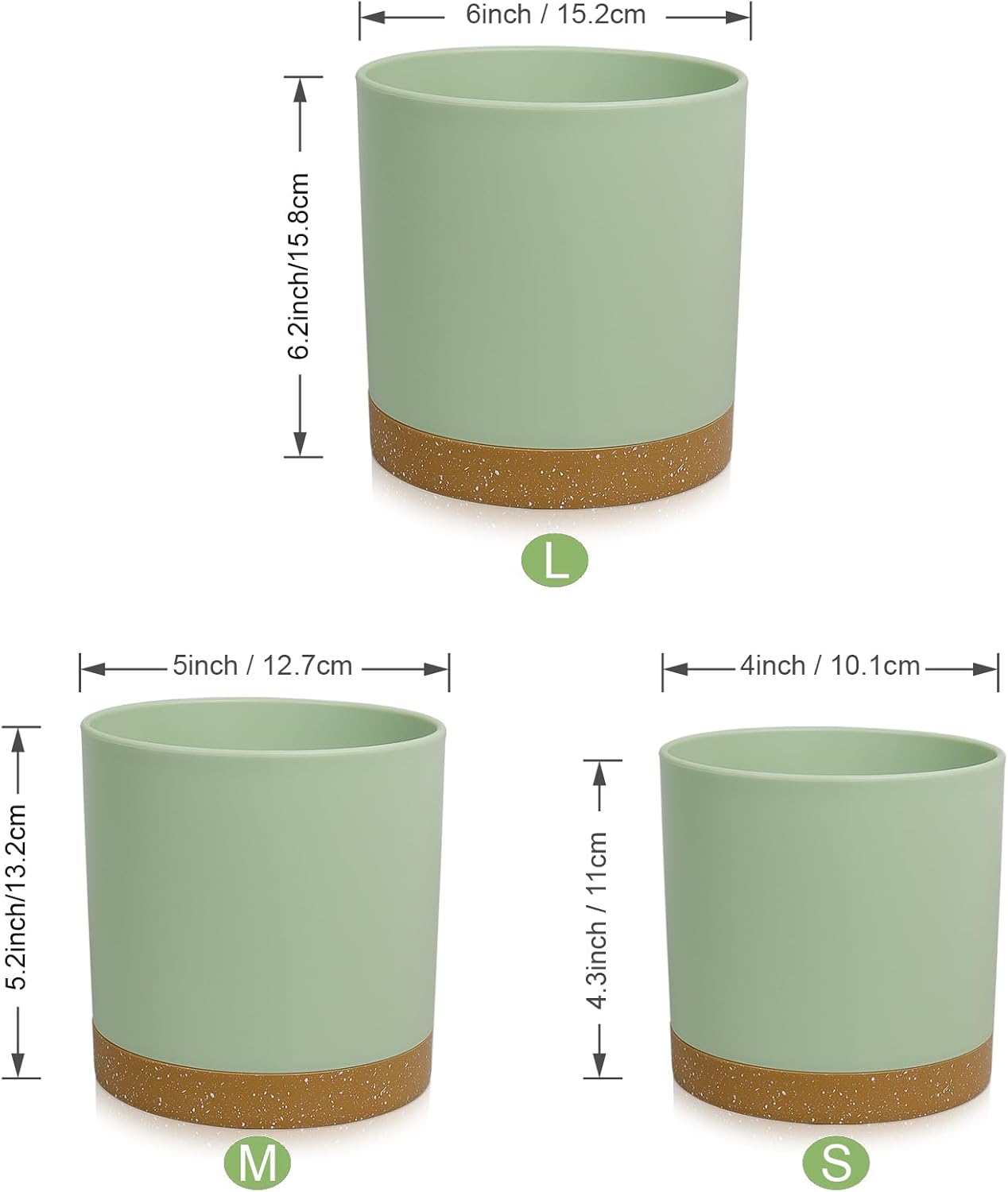 3 Pack 6/5/4 inch Cylindrical Flower Pots, Modern Small Round Plastic Plant Pots with Drainage Holes & Saucers, Clean and Refined Planter Pots for Outdoor, Indoor & Office Decor (Green Brown)