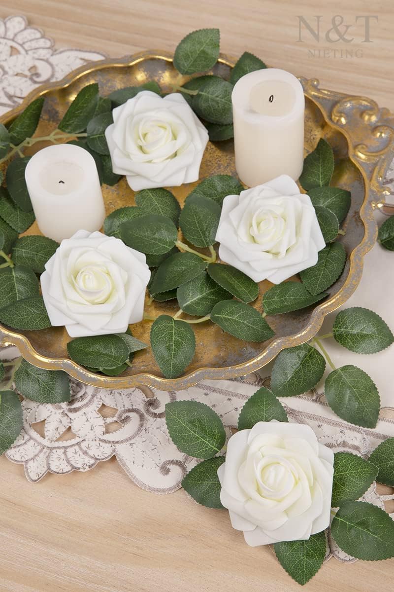 N&T NIETING Artificial Flowers, 25Pcs Fake Flowers Roses Perfect for DIY Wedding Bouquets Centerpieces Bridal Shower Party Home Flower Arrangement Decorations, Ivory