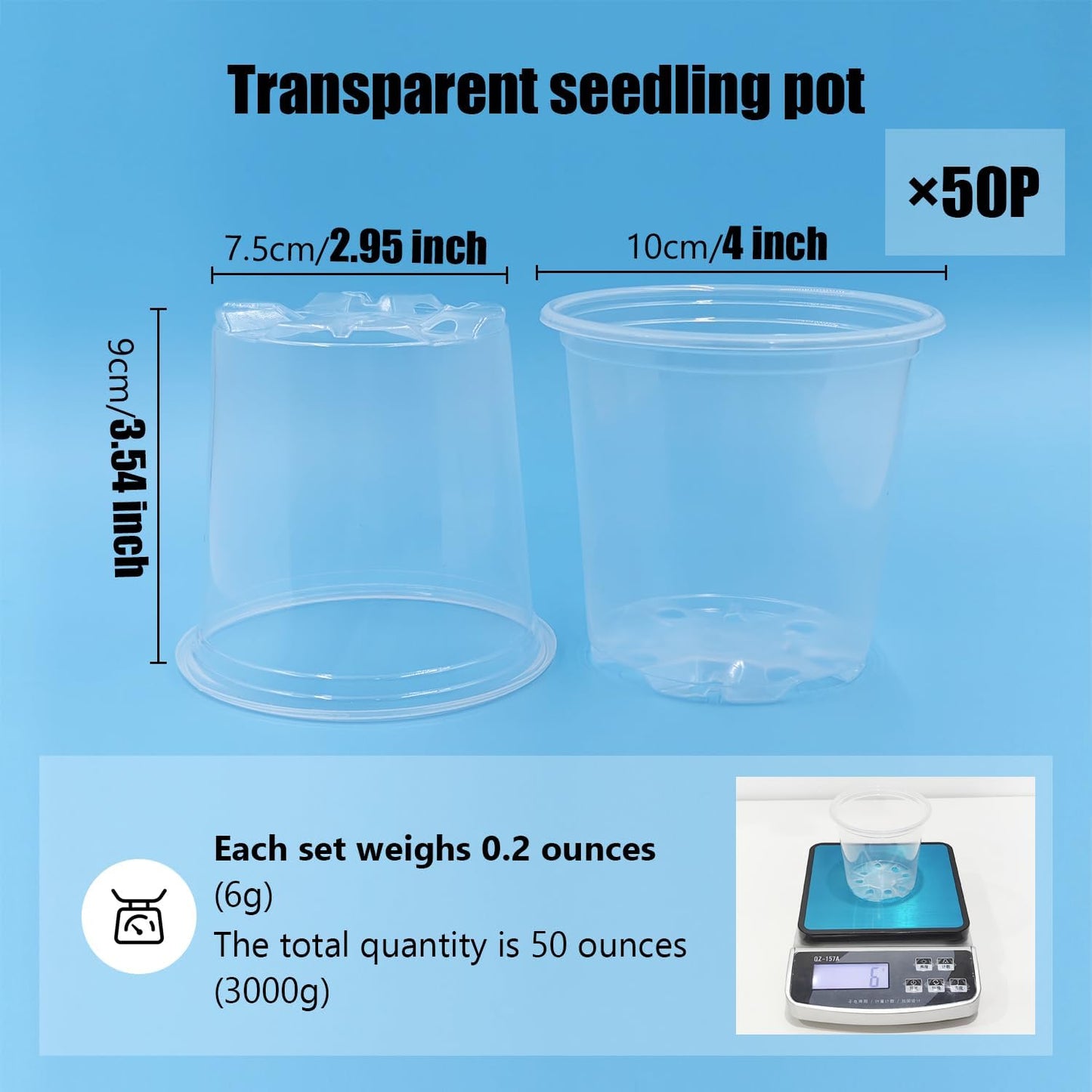 4" Clear Seeding Pots 50-Pack Round for Seeds Starting, Seeds Germination Transparent Nursery Pots with Drainage Holes (4Inch,Clear,50Pcs)