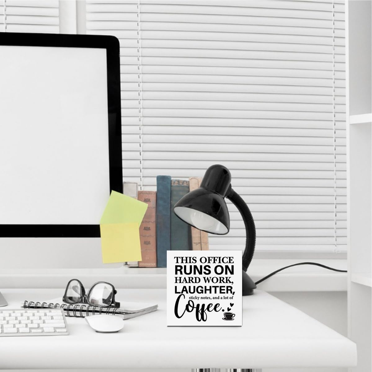 Farmhouse Office Desk Accessories Wooden Box Sign, Positive, This Office Runs on Hard Work Wooden Sign Decorations for Table Shelf, Tabletop Coffee Decor