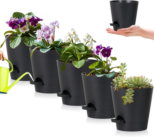 5 Pack 5 inch Self-Watering Pots, African Violets Planter with Drainage Holes and Reservoir, Black Plastic Planter for Indoor Outdoor Plants Flowers and Houseplants Black, 5 inch 5 pcs