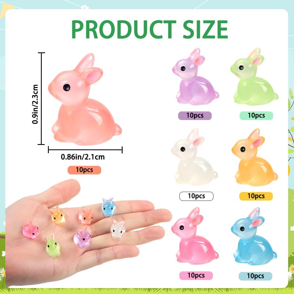 70pcs Easter Luminous Mini Resin Bunny 7 Colors Little Small Glow in The Dark Rabbit Bunny Figures for Dollhouse Micro Fairy Garden Decor Easter Egg Fillers Party Favors Supplies