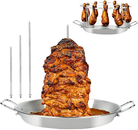 13" Vertical Skewer Gyro Pan Spit Shawarma Stand for oven with Chicken Leg Rack, Al Pastor Skewer for Grill, El Pastor Hack for Tacos Chicken, Brazilian, Stainless Steel, with 8",10" and 12" stick