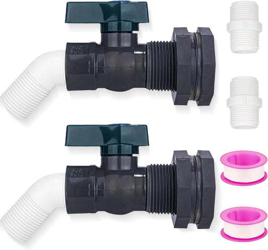 2 Pack PVC Rain Barrel 45°Elbow Spigot Kit, 3/4 Inch Rain Barrel Valve with Bulkhead Connector and Hose Adapter, Garden Faucet Kit for Water Tanks, Aquariums, Pools, Garden Barrels