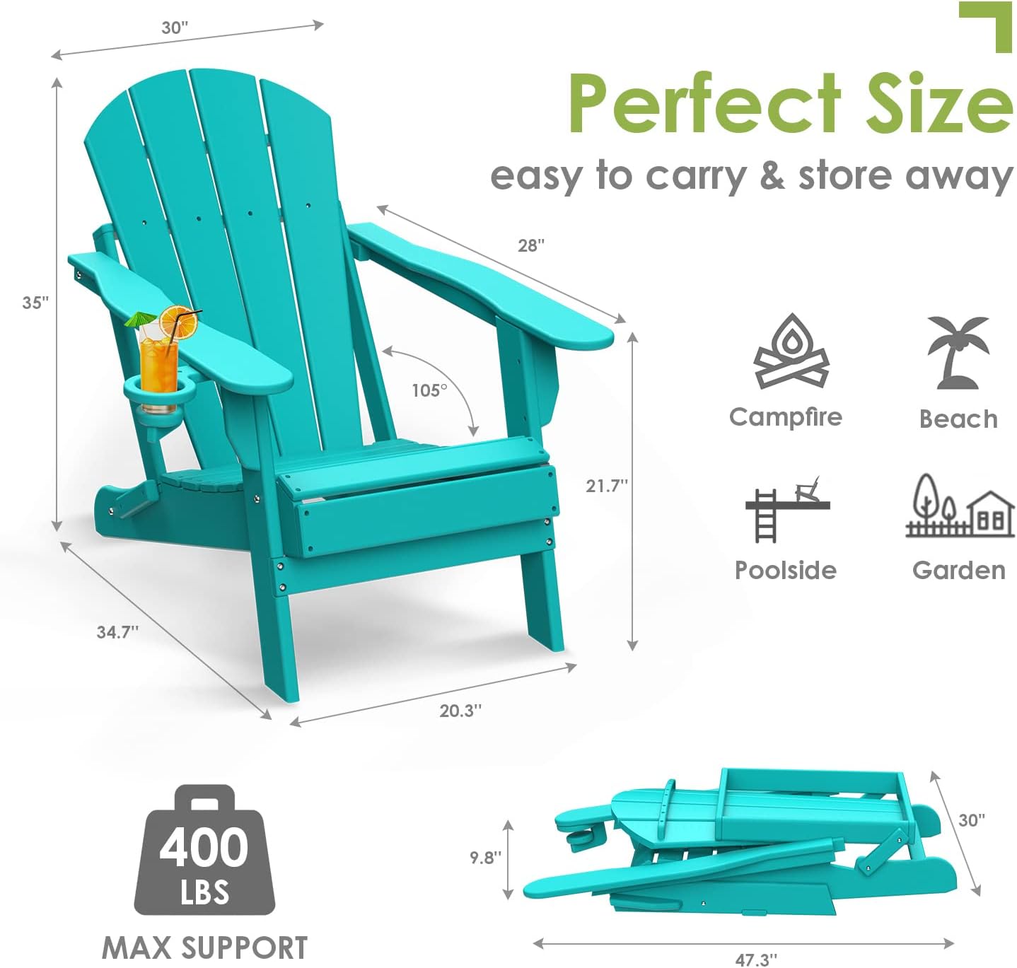 GREENVINES Folding-Adirondack-Chairs-Set-of-2 | HDPE Plastic | Fire Pit Chair | All Weather | Cup Holder | Aqua | for Deck Backyard Patio Outdoor Garden