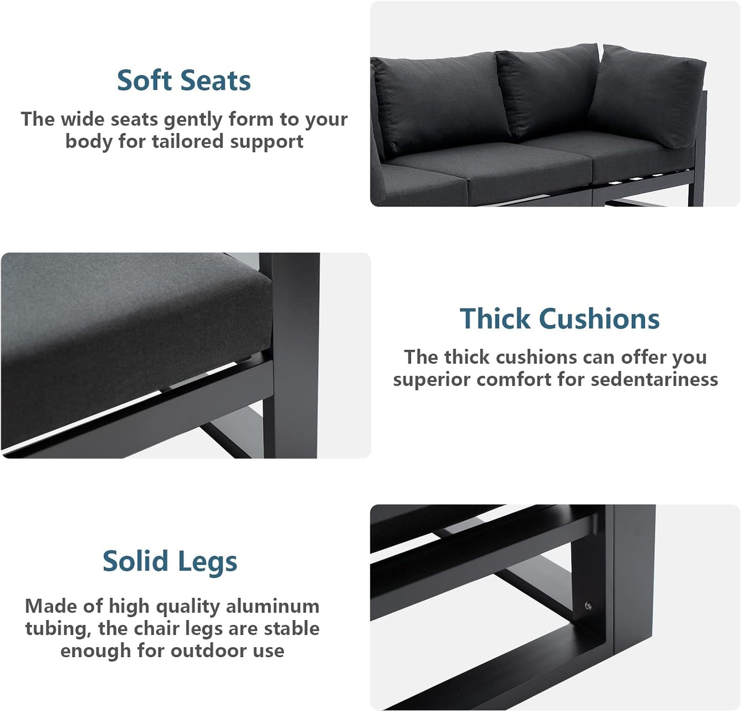 5 Pieces Outdoor Modular Sectional Set Aluminum Patio Conversation Sofa Sets, Armless Sofas with Dark Grey Cushions