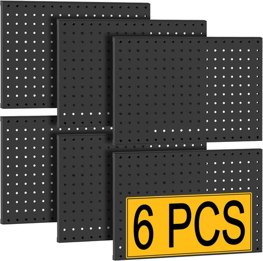 6 Pcs Metal Pegboard Panels, Heavy Duty Peg Boards for Garage and Garden Tool Storage, Includes Drywall Anchors and Screws Kits, Black (6 pcs 16in x 12in)