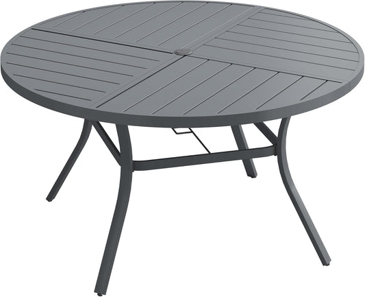 DIFY 53.1" Round Outdoor Patio Dining Table for 6-8, All-Weather Metal Steel Slatted Patio Table with 1.57" Adjustable Umbrella Hole, for Lawn Garden Porch Backyard, Grey