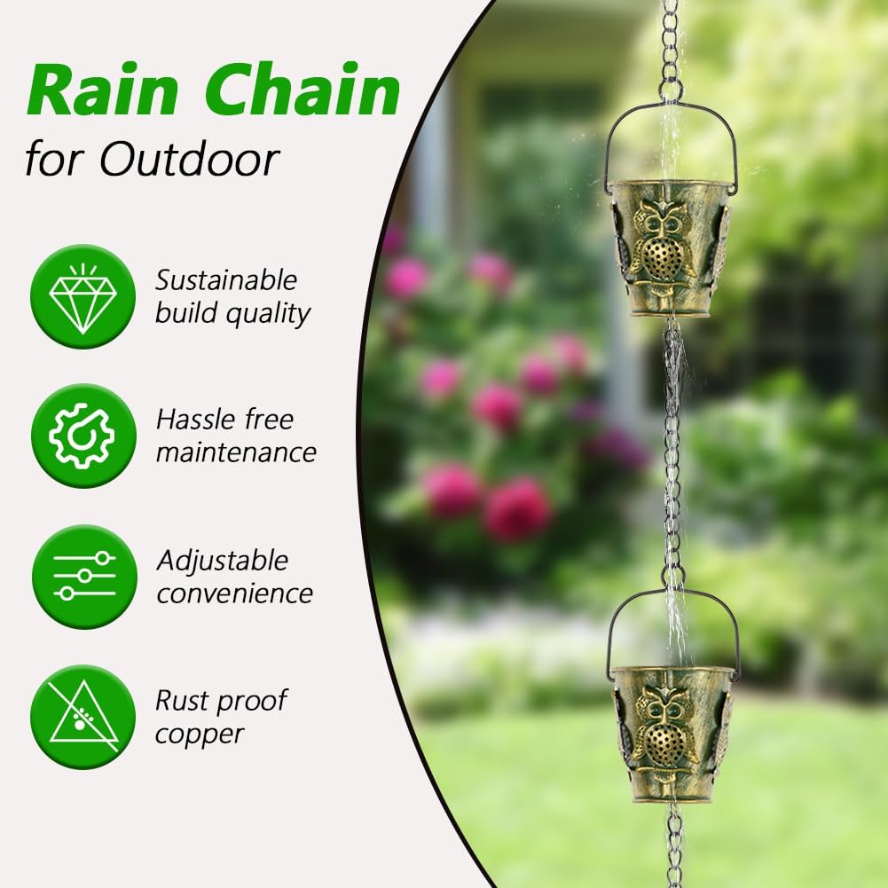 10Ft Rain Chains for Gutters, Metal Rain Catcher Chain for Eaves Drainage, 12 Cups Rain Gutter Chains with Owl Decor, Adjustable Rain Water Chain for Outdoor Decor