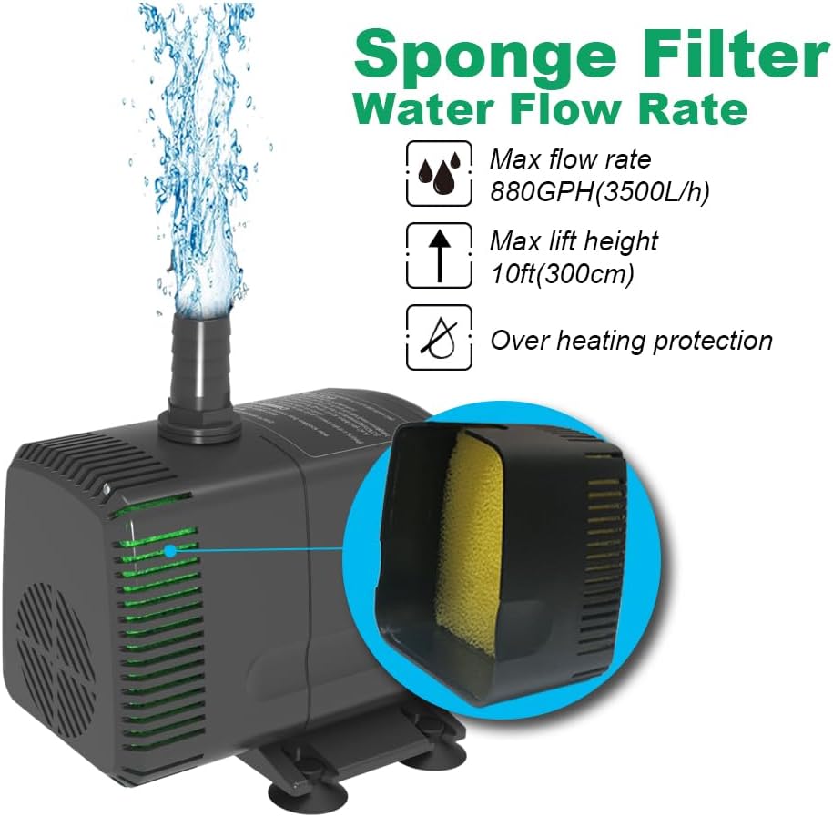 Submersible Pump 880GPH (3500L/H 60W) Ultra Quiet with Over Heating Protection 10.2ft High Lift for Fountains, Hydroponics, Ponds, Aquariums & More…