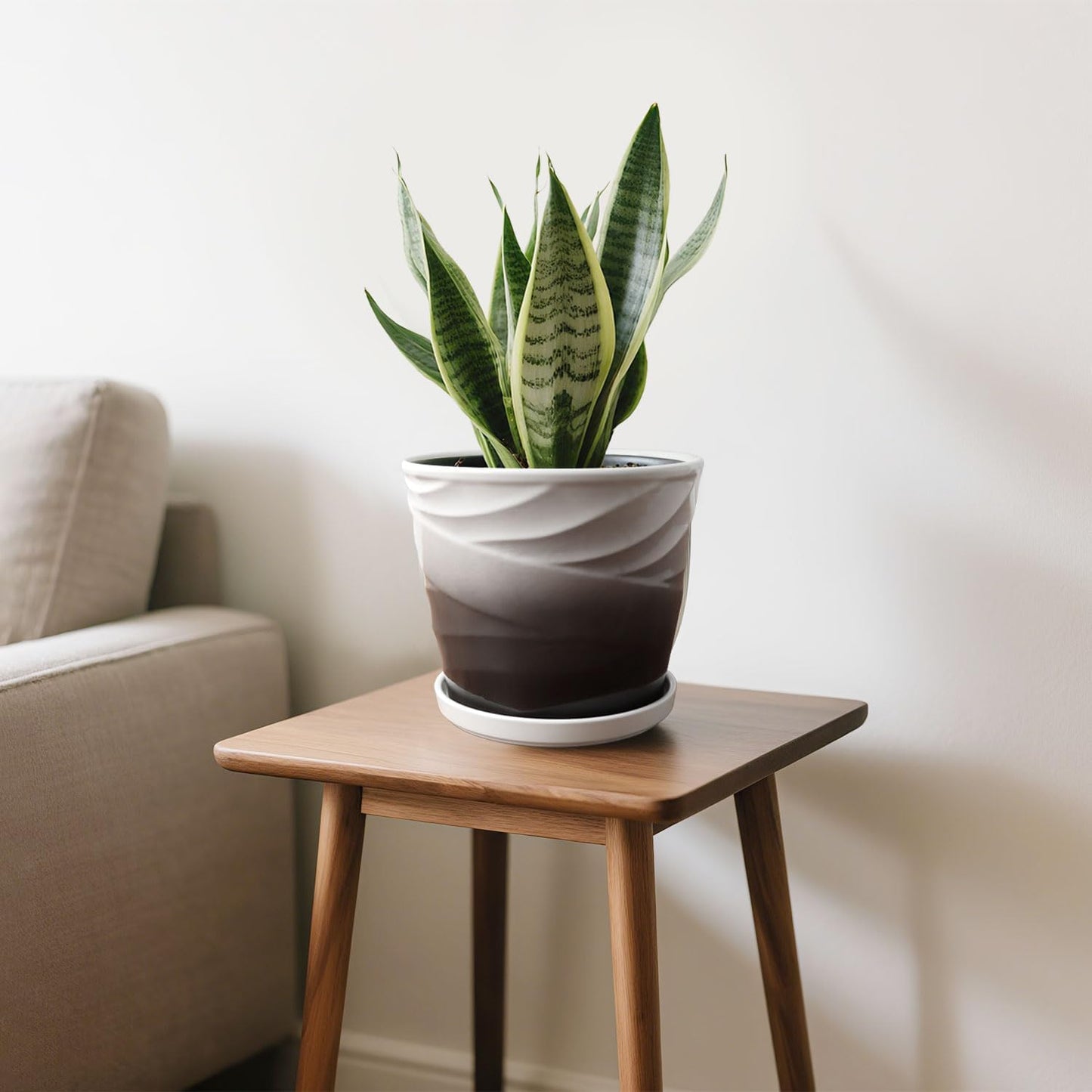 8 Inch Indoor Plant Pot with Drainage Holes and Saucers, Ceramic Planter for Plants, Succulent Orchid Flower Pots(Dark Gray+White)