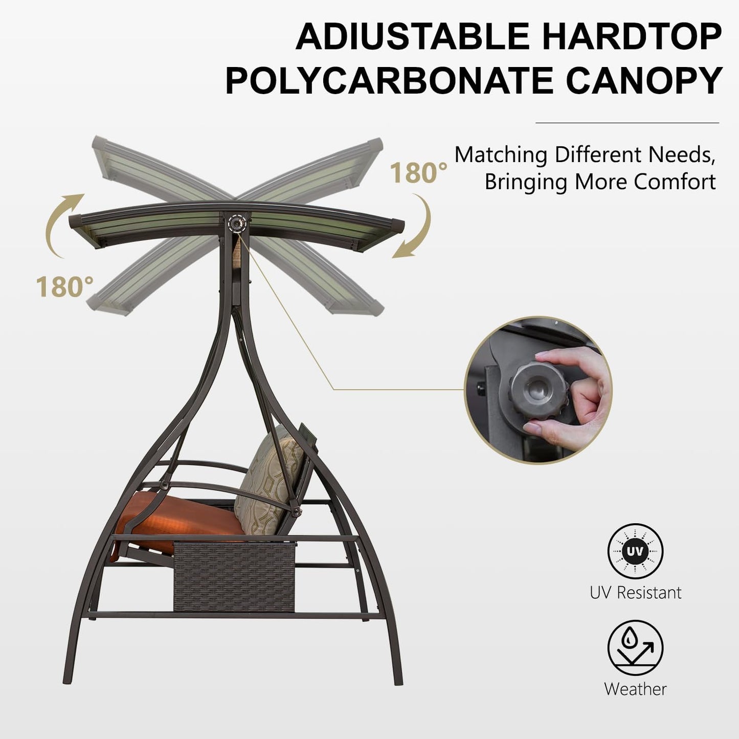 Domi Porch Outdoor Patio Swing with Adjustable Hardtop Polycarbonate Canopy, 3-seat Swing Chair Bench with Solar LED Light for Backyard Yard Poolside Porch Lawn, Cushion and Pillows Included