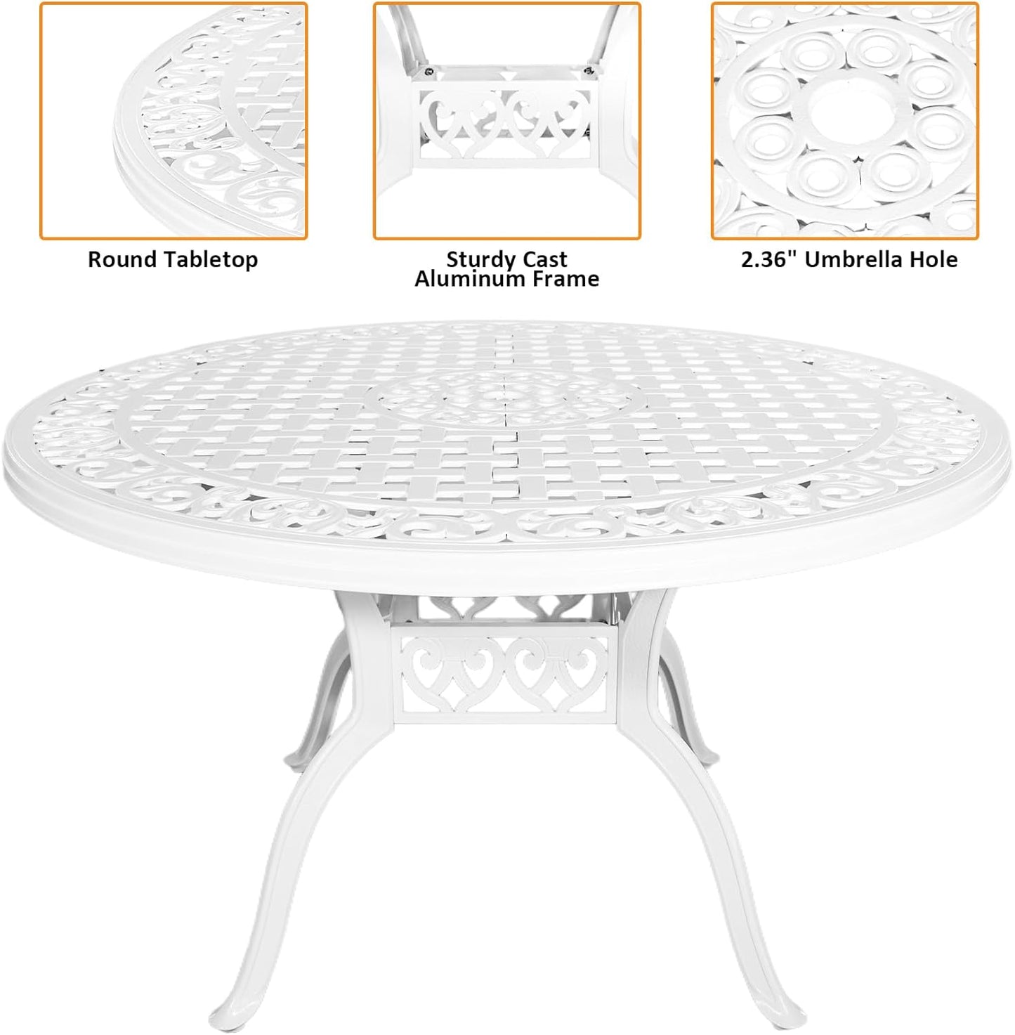 7 Pieces Cast Aluminum Outdoor Dining Set, Round 48" Dining Table with 2.36" Umbrella Hole and 6 Armchairs,All-Weather Patio Bistro Dining Set Outdoor Furniture Set for Patio, Balcony,White