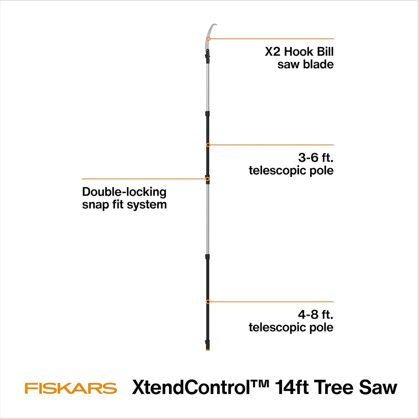 Fiskars XtendControl Extendable Tree Pruner (14 ft), Adjustable Branch Trimmer with 15" X2 Hook Bill Saw, 3-6 ft & 4-8 ft Extension Poles, and Secure Locking System for Precision Cutting