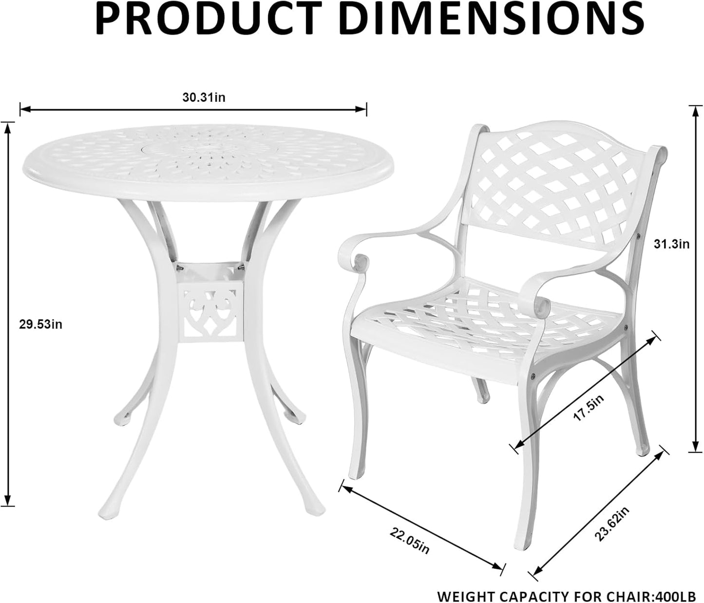 3 Piece Cast Aluminum Bistro Set With Umbrella Hole, Outdoor Patio Furniture With Adjustable Foot Cap, Metal Table and 2 Chairs for Garden, White