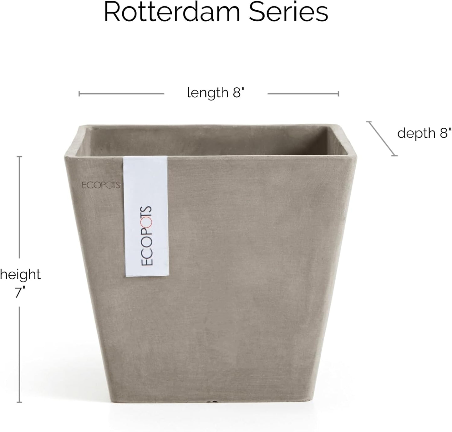 Ecopots Rotterdam Durable Modern Square Indoor/Outdoor Recycled-Based Composite Flower Planter, Taupe, 8"