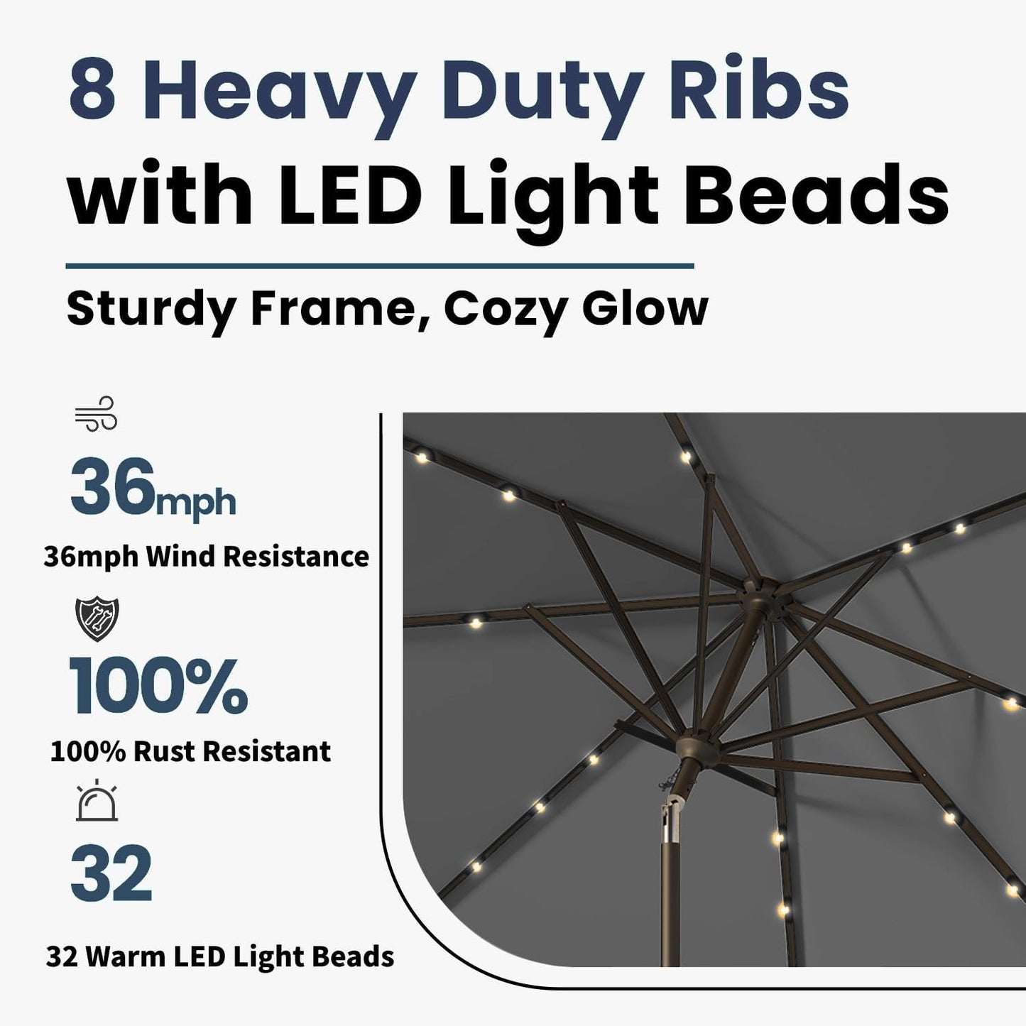 10FT Solar Umbrella 32 LED Lighted Patio Umbrella Table Market Umbrella w/Tilt and Crank, UV-Resistant Outdoor Umbrella for Pool, Garden, Deck, Gray