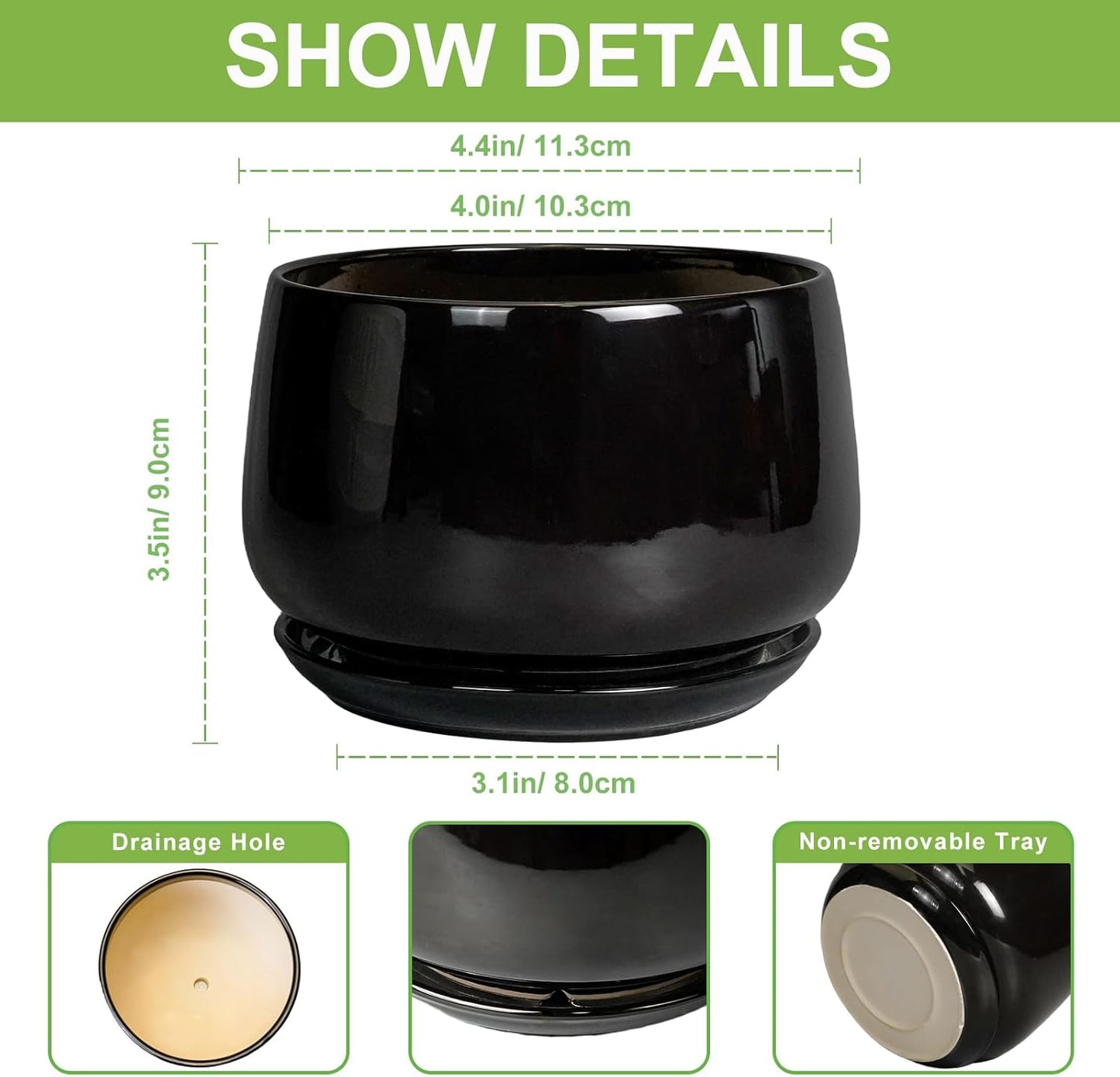 G EPGardening Small Ceramic Planter - 4 Inch Succulent Pots with Drainage Hole & Sacuer, Flower Pots for Indoor Outdoor Plants, Modern Decorative Round Planter, Room Decor, House Warming Gifts, Black