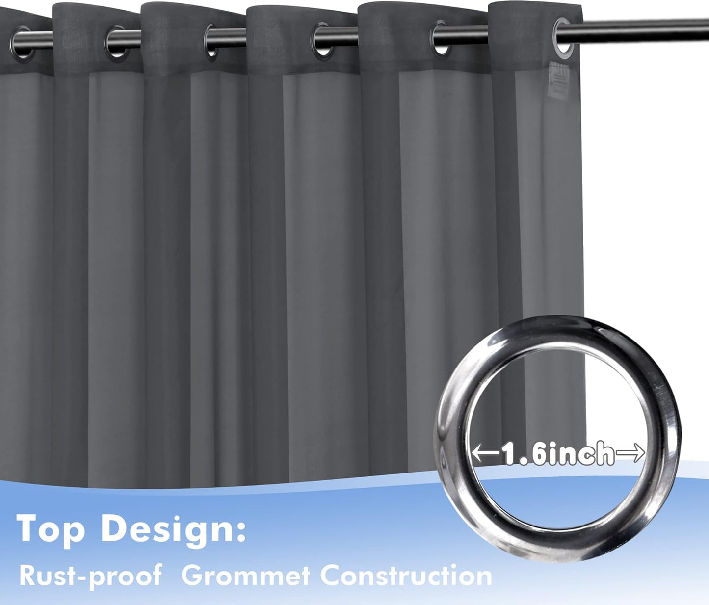 HolidayIdeas Outdoor Sheer Curtains for Patio Waterproof, 2 Panels - 54 x 120 Inch - Grey Light Filtering Voile Outside Curtains Grommet Drapes for Front Porch, Gazebo, Pergola, Backyard