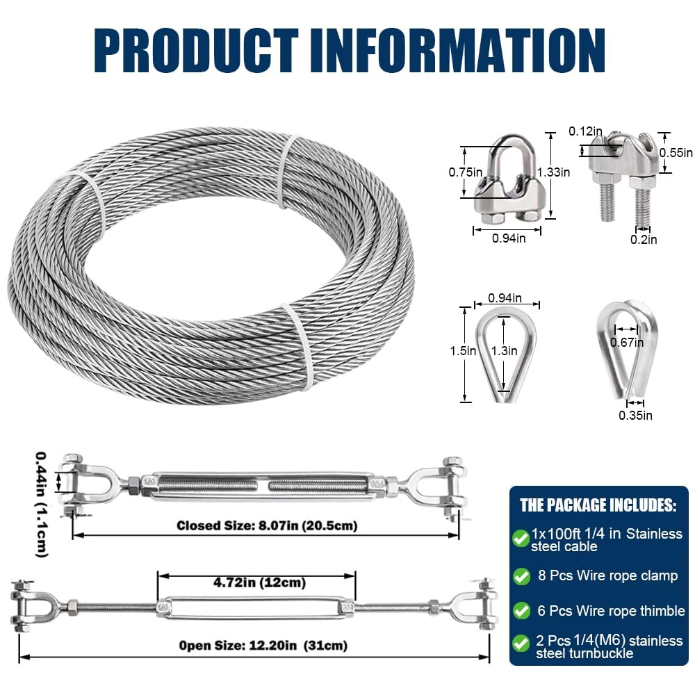 1/4" Wire Rope Kit, 100ft Stainless Steel Cable with 2Pcs 1/4 Turnbuckle, Clamp & Thimble, 7x19 Strands Heavy Duty Metal Cable,1400 lbs Load Limit, Turnbuckles for Cables Wire, Zipline
