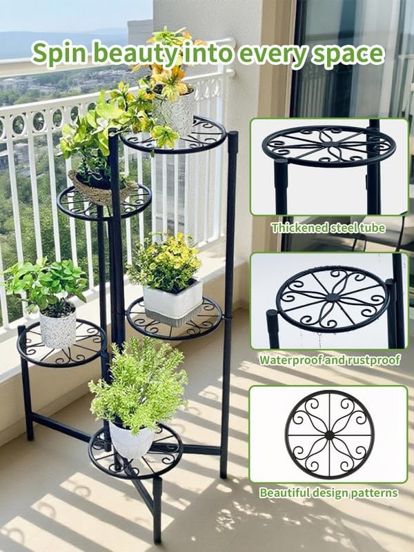 5 Tier Metal Plant Stand for Indoor Outdoor Foldable Corner Tall Plant Shelf for Multiple Plants Flower Pot Holder Display Stand for Living Room Balcony Garden Patio Black