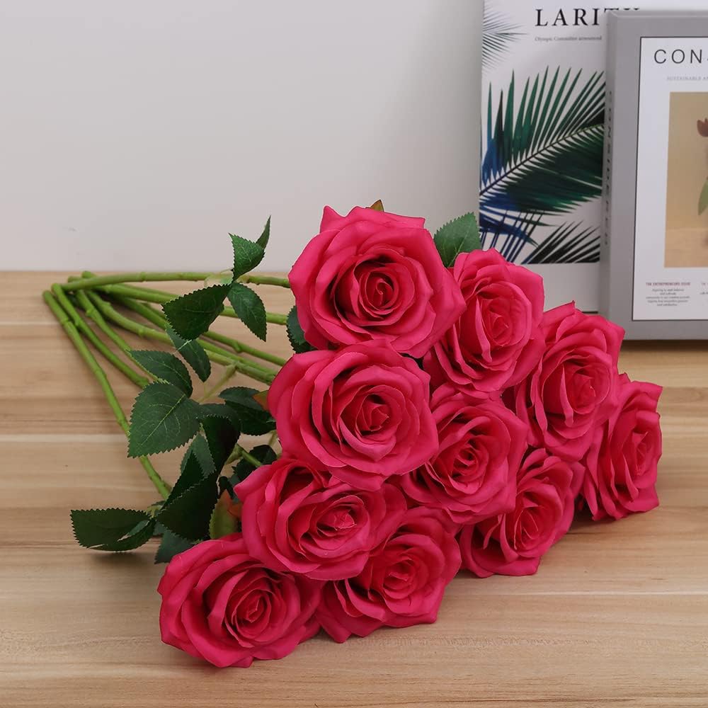 Artificial Rose 10pcs Open Flower Bouquet Faux Rose Stems for Wedding Arrangement, Bridal Bouquet, Centerpiece, Fake Faux Silk Flowers (Hot Pink)