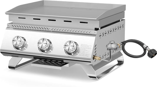 3-Burner Stainless Steel 2-in-1 Tabletop Grill and Griddle Combo, 24,000 BTU Portable Flat Top Propane Gas Grill for Commercial BBQ, Outdoor Cooking, Camping, Tailgates & Backyard