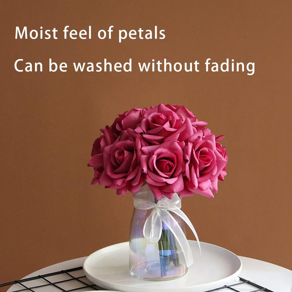 Artificial Roses Single Stem 10pcs Fake Silk Flower Arrangement Bouquet Real Touch for Home Party Wedding Decoration(Rose red)