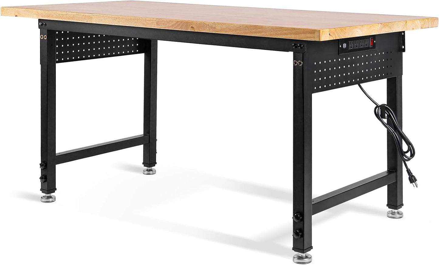 Height Adjustable Workbench Heavy Duty Work Table 2000 LBS Load Capacity 60”×22” Rubber Wood Work Station with Power Outlet & Pegboard for Garage, Workshop, Office,Party Shop, Home