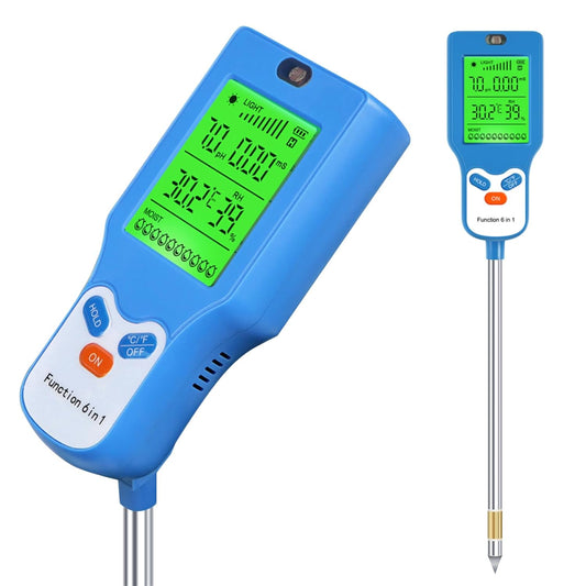 6-in-1 Soil Moisture Meter Digital PH Meter/Soil Moisture/Plant Temperature/Sunlight Intensity, Backlight LCD Display, Soil Test Meter for Garden, Lawn, Plant Care (Blue)