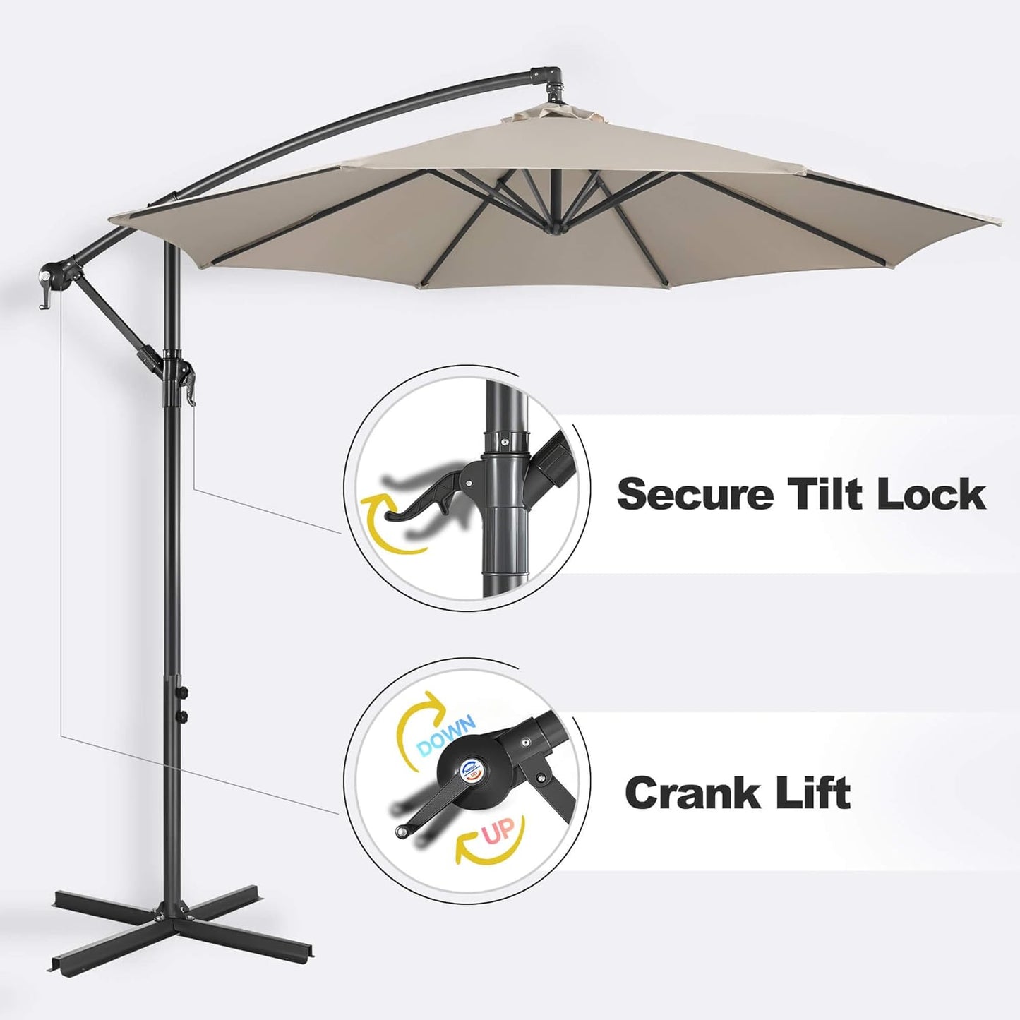 FLAME&SHADE 10ft Cantilever Patio Umbrella Outdoor, Large Offset Umbrella with Crank and Cross Base, UPF 50+ UV Protection Hanging Umbrella for Pool Deck Garden, Taupe