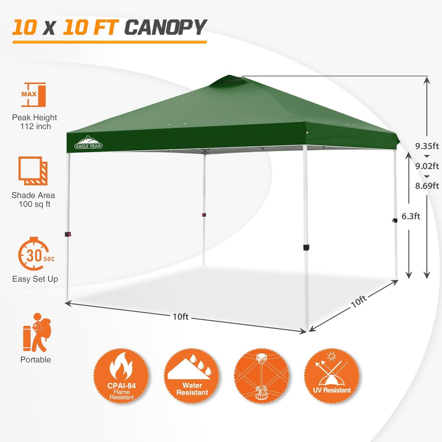 EAGLE PEAK Pop Up Canopy Tent with Wheeled Carry Bag, 8 Stakes, 4 Ropes, 4 Weight Bags, Easy Set Up Tent Canopy, 10x10 ft, 100sqft of Shade, Green