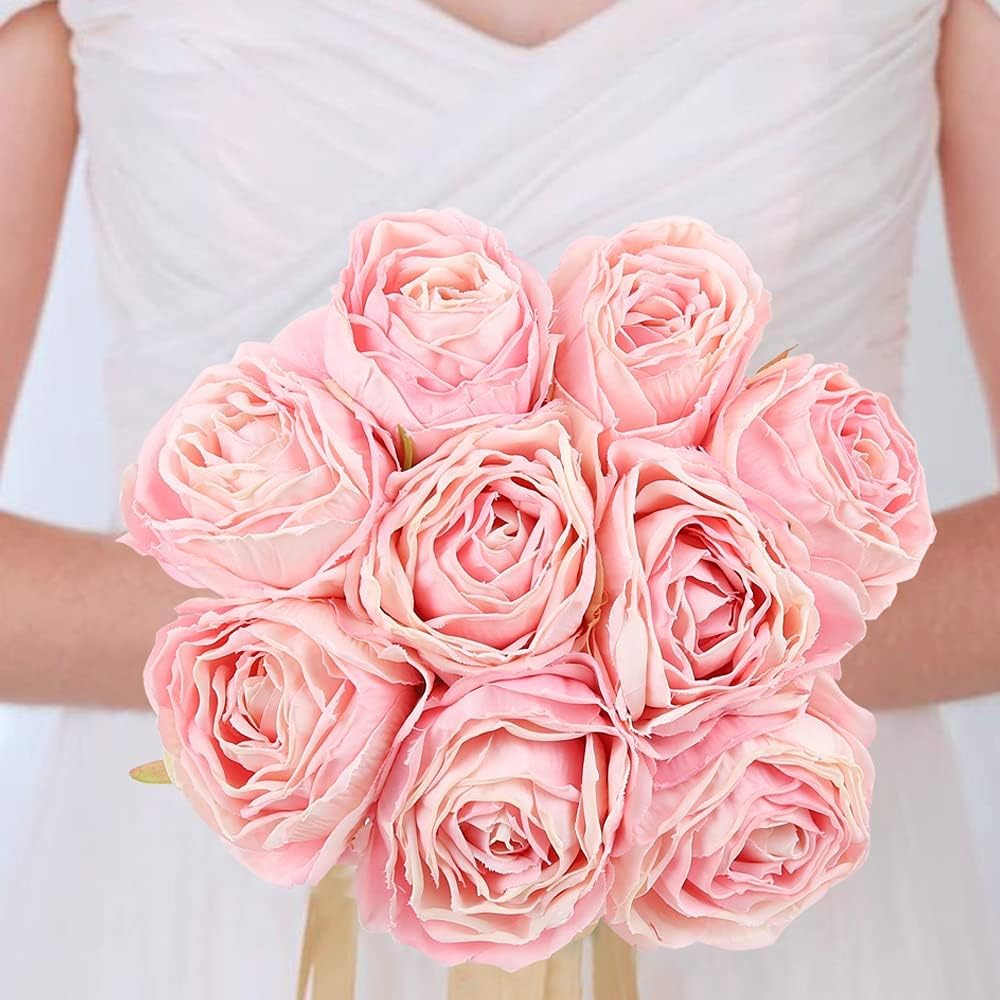 IPOPU Pink Artificial Flowers Rose Heads 25PCS Dried Pink Flowers Artificial Roses with Stems Fake Flowers for Bridal Shower Decorations Silk Flower Heads Bulk Arrangements (Pink)