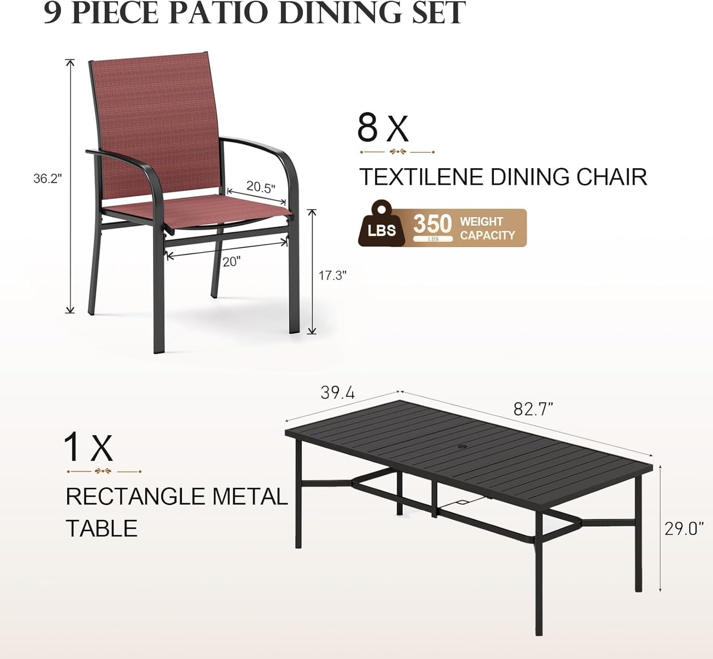 HERA'S HOUSE 9 Pieces Patio Dining Set, 8 Red Textilene Patio Chairs and 83" Large Rectangle Dining Table, Outdoor Table and Chairs Set for Lawn Garden Backyard Deck