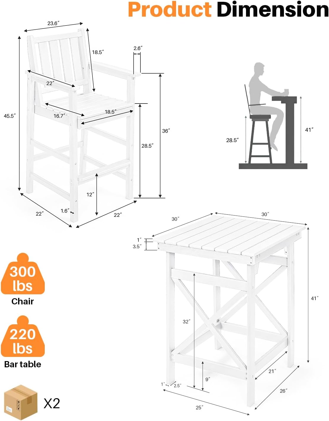 3-Piece Adirondack Chairs and Table Set, HDPE Patio Bar Sets, All Weather Outdoor Bar Stools Set, HDPE Adirondack Bar Height Chairs and Bar Table for Balcony, Porch, Garden, Pearl