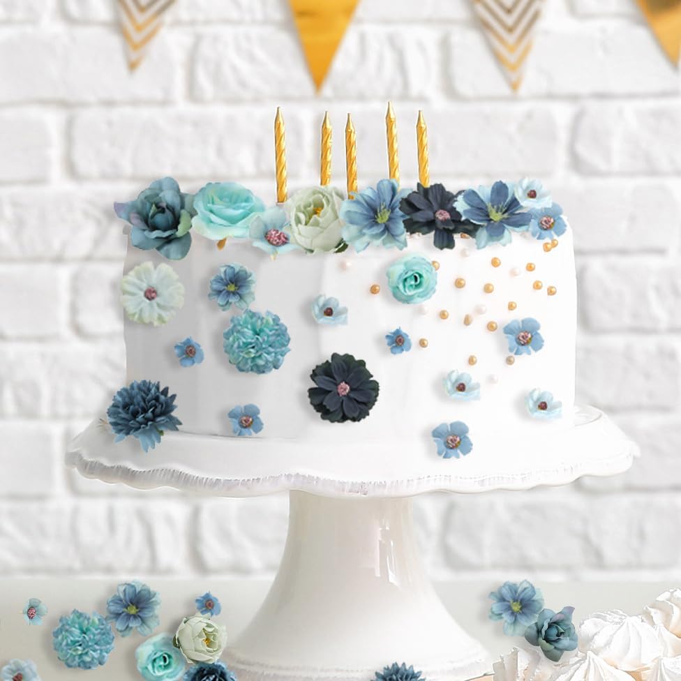 Faux Flower Heads Small Silk Artificial Flower DIY Fake Mini Flowers Rose Daisy Multicolor Flowers Craft Supplies for Wedding Party Wreath Graduation Season Party Home Decor (45, Blue)