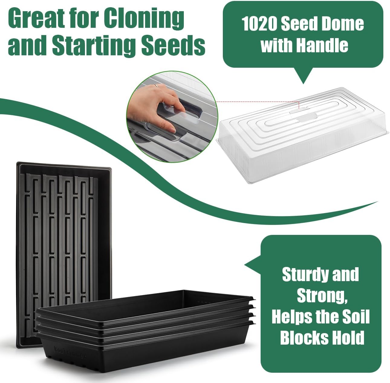 5-Pack 1020 Seed Trays with Humidity Domes - Reusable Heavy Duty Plant Propagation Trays, 3.6" 1020 Clear Greenhouse Covers & Handle for Seedlings, Cloning, Microgreens (No Holes Design)
