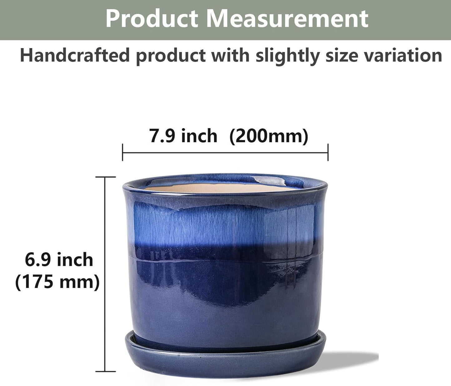 8 Inch Plant Pot: Ceramic Planter with Drainage Hole & Saucer for Indoor Outdoor Plants - Flowerpot with Bonded Tray for Home Office - Blue Reactive Glaze